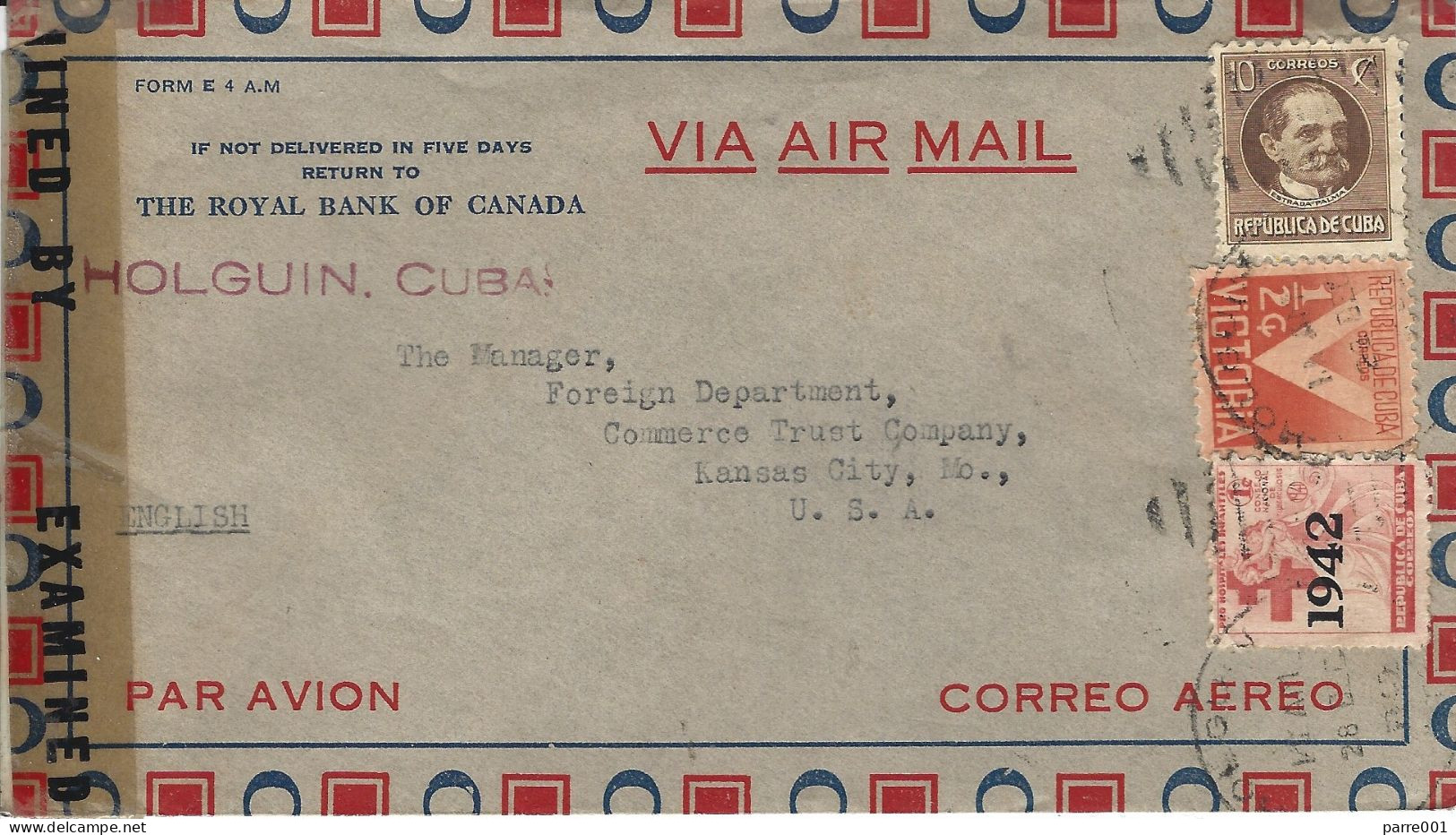 Cuba 1942 Holguin Overprint Red Cross President Tomás Estrada Palma Miami US Censored Cover Bank Mail - Covers & Documents