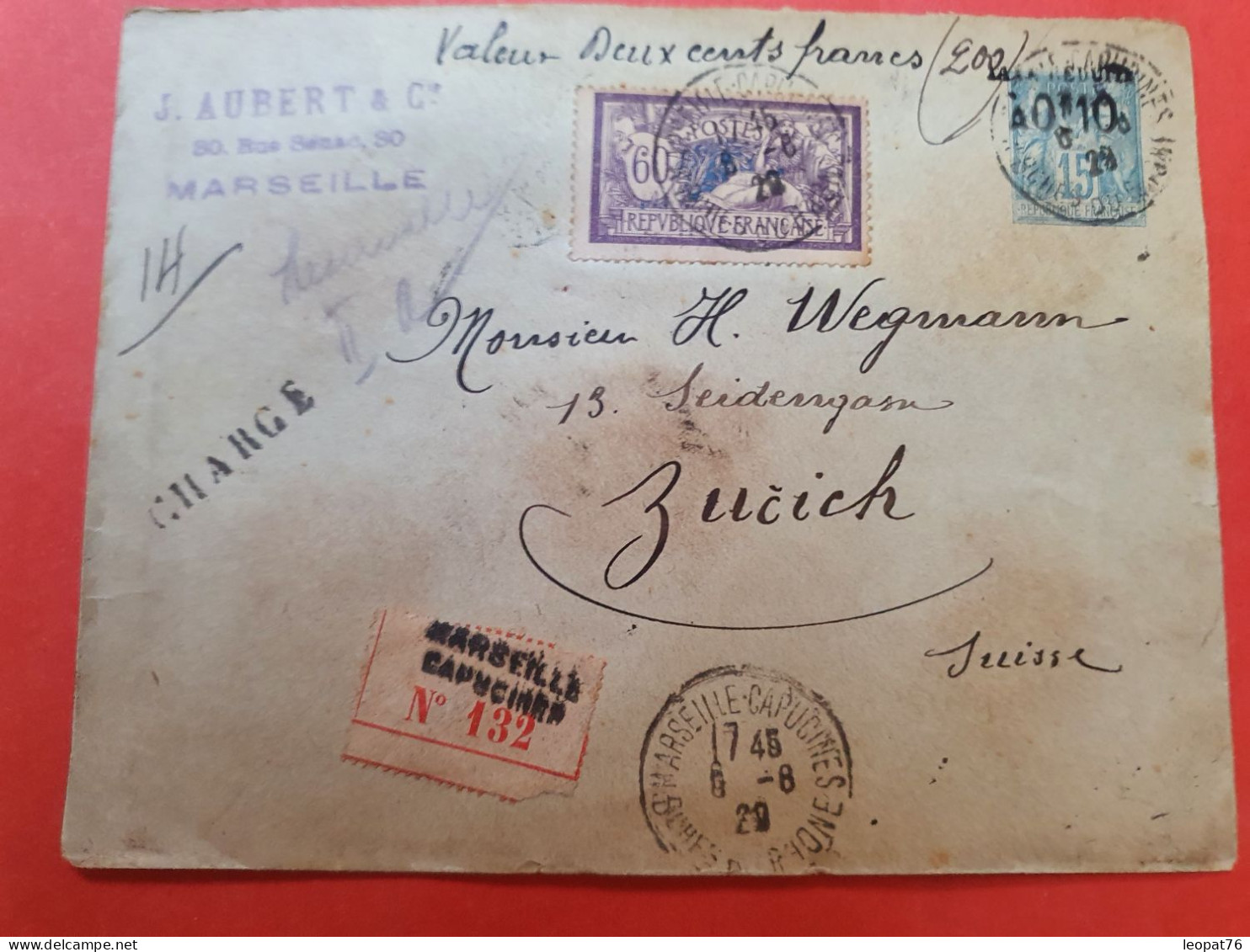 Entier Postal Type Sage Surchargé + Merson En Chargé De Marseille Pour La Suisse En 1920 - D 248 - Standard- Und TSC-Briefe (vor 1995)