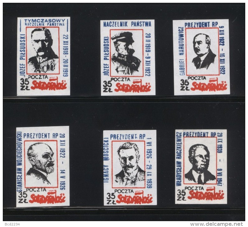 POLAND SOLIDARITY SOLIDARNOSC PRESIDENTS SET OF 6 PILSUDSKI MOSCICKI NARUTOWICZ WOJCIECHOWSKI RACZKIEIWCZ - Viñetas Solidarnosc