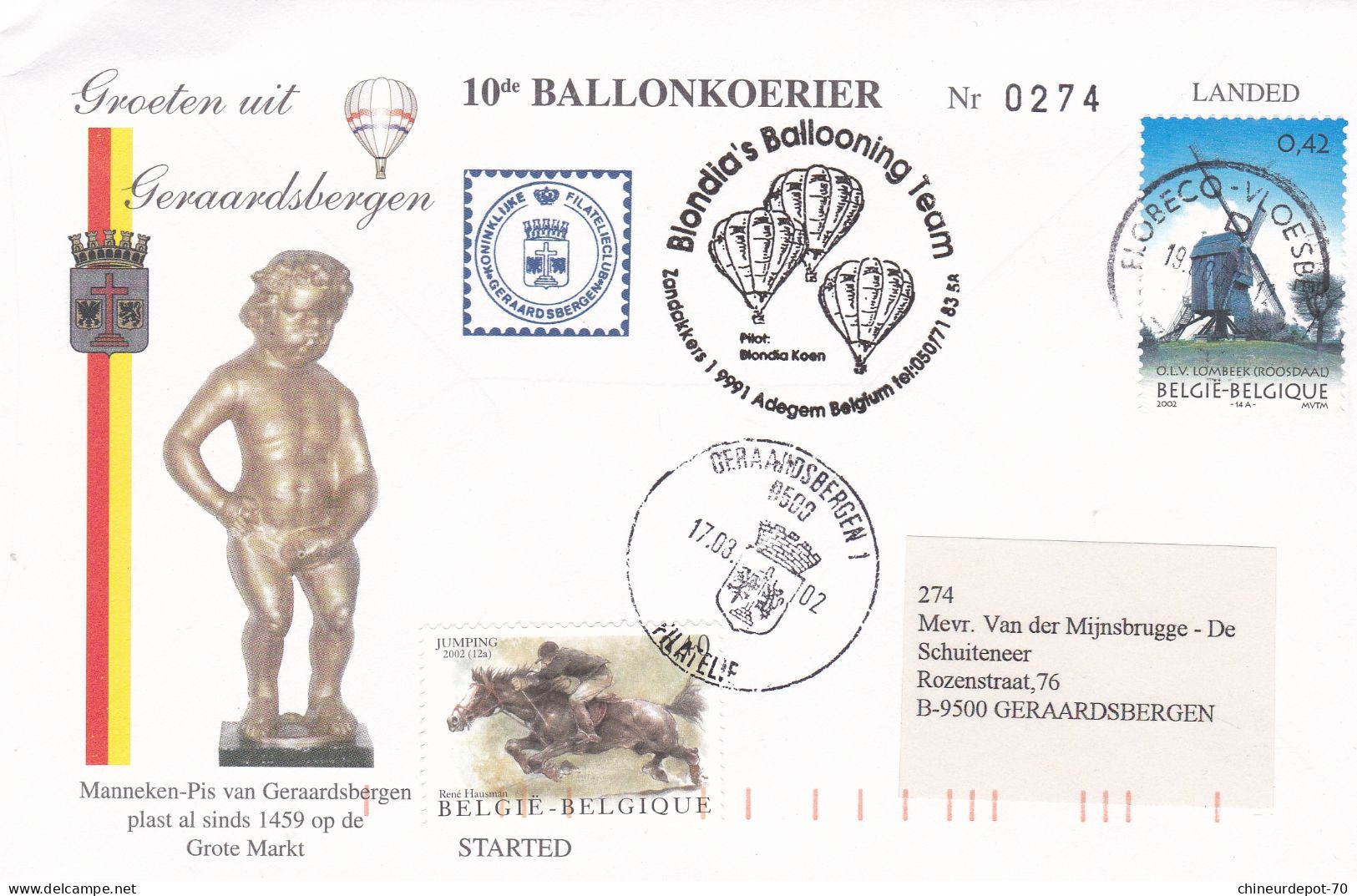 BALLONKOERIER N° 0274 Groeten Uit Geraardsbergen Manneken-pis 2002 ( Envoie +grand Format ) - Briefe U. Dokumente