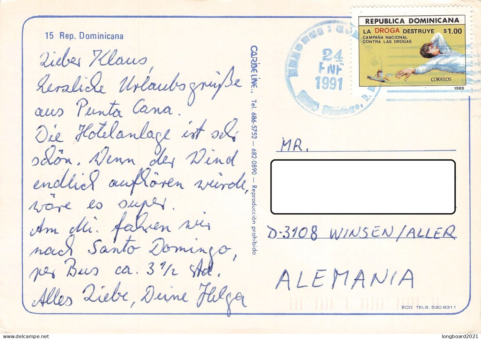 DOMINICAN REP. - PICTURE POSTCARD 1991 - WINSEN/DE /1367 - Dominicaanse Republiek