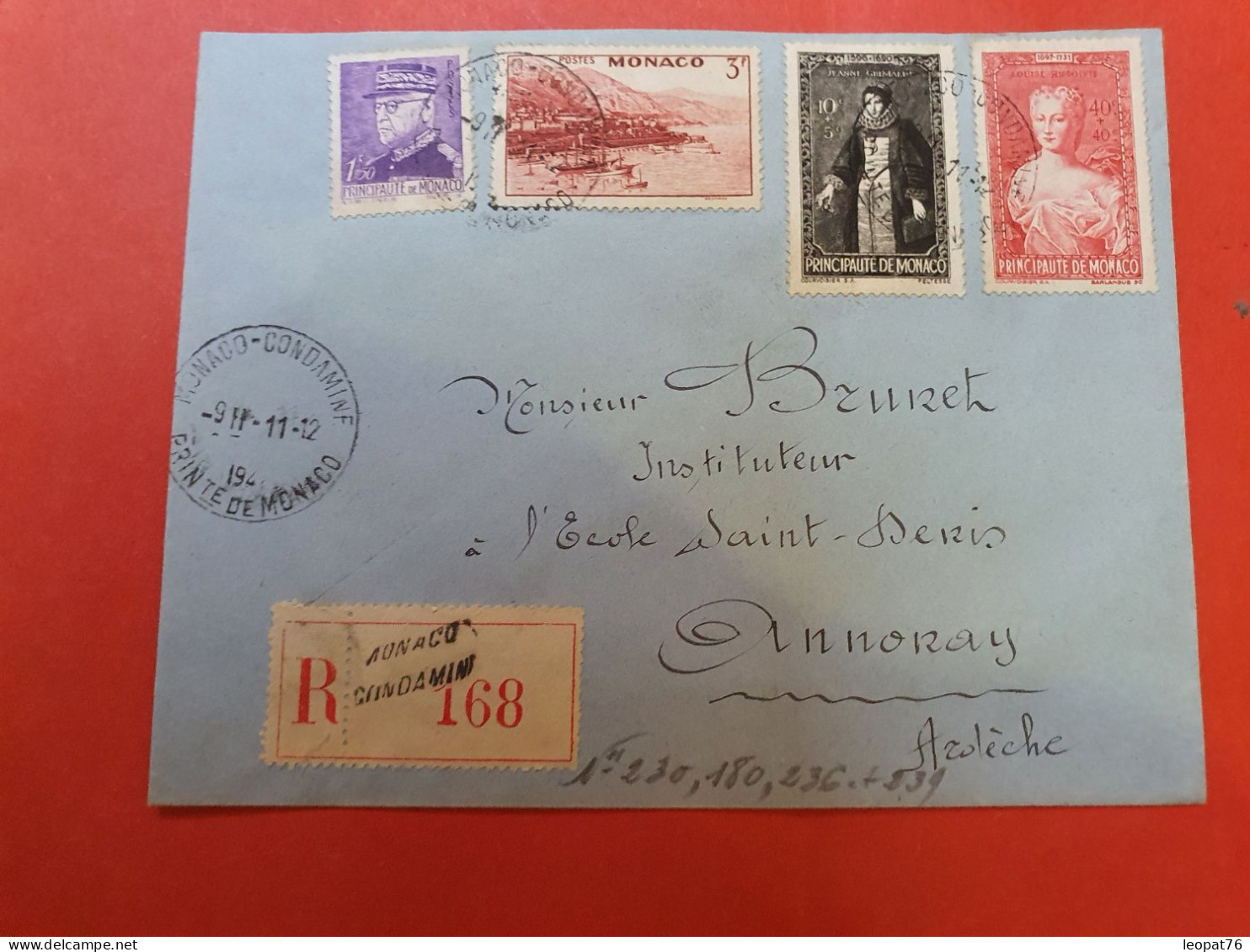 Monaco - Enveloppe En Recommandé Pour Annonay En 1944 - D 276 - Covers & Documents