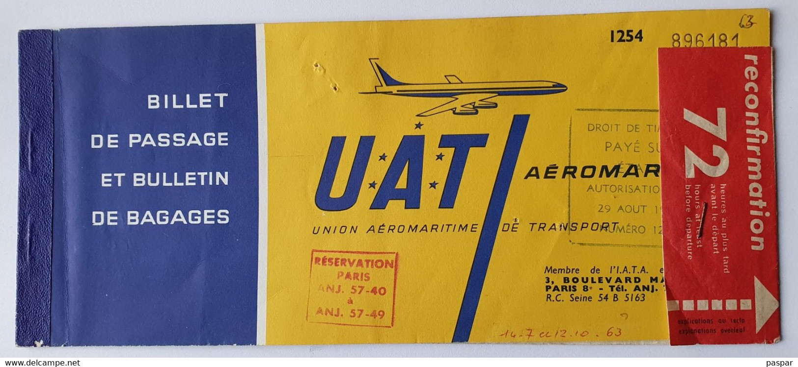 Billet D'avion UAT Dakar/Bordeaux- Paris/Dakar 1963 - Billetes