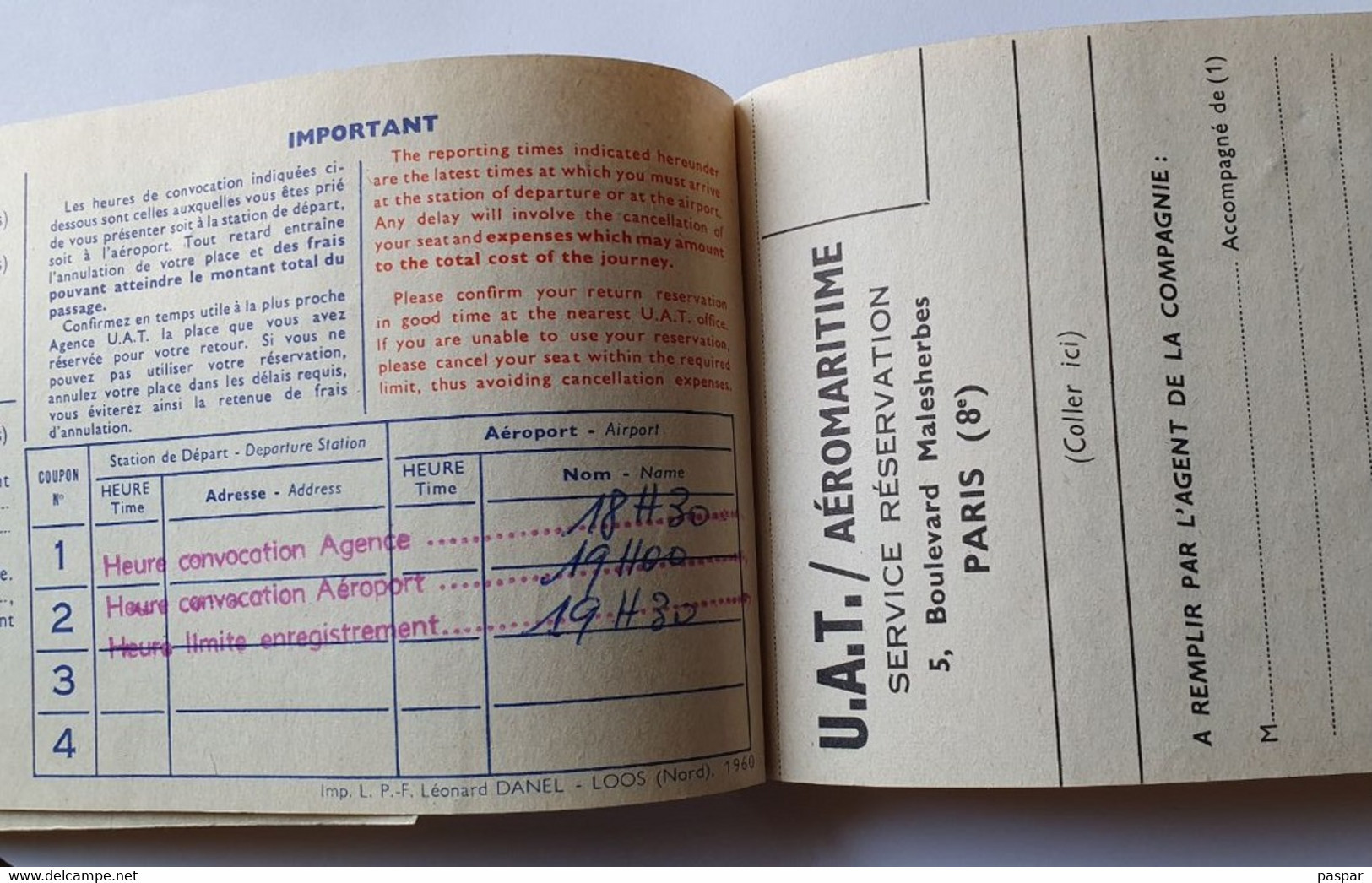 Billet D'avion UAT Dakar/Bordeaux- Paris/Dakar 1963 - Tickets