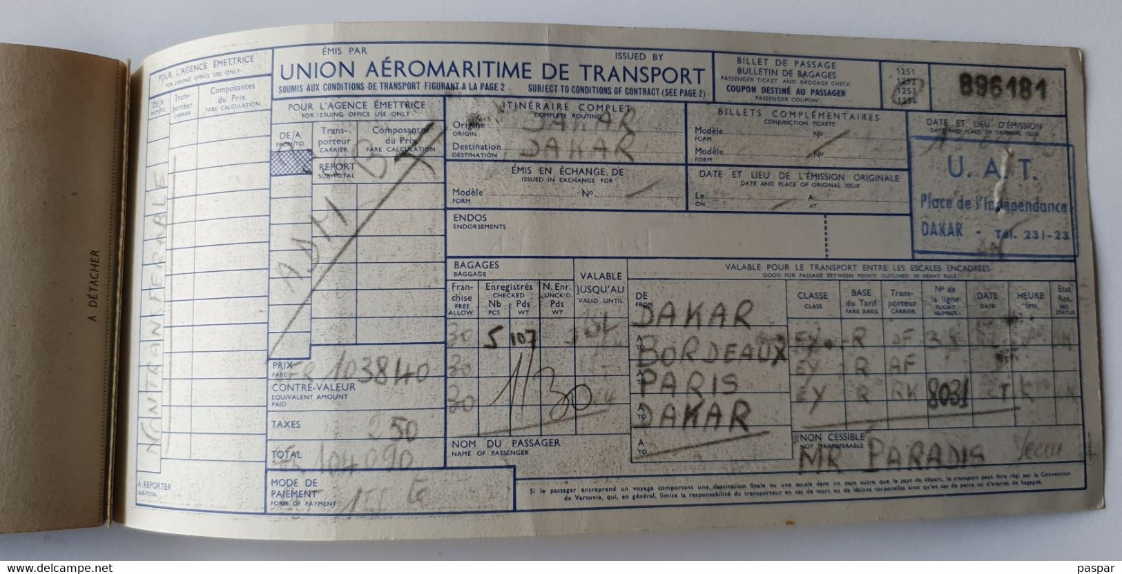 Billet D'avion UAT Dakar/Bordeaux- Paris/Dakar 1963 - Tickets