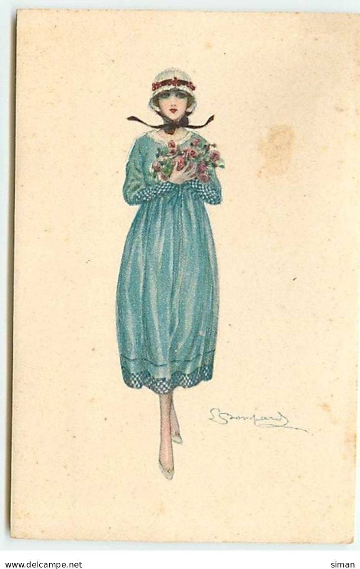 N°22965 - S. Bompard - Jeune Femme Portant Une Robe Bleue Et Un Bouquet De Roses - Bompard, S.