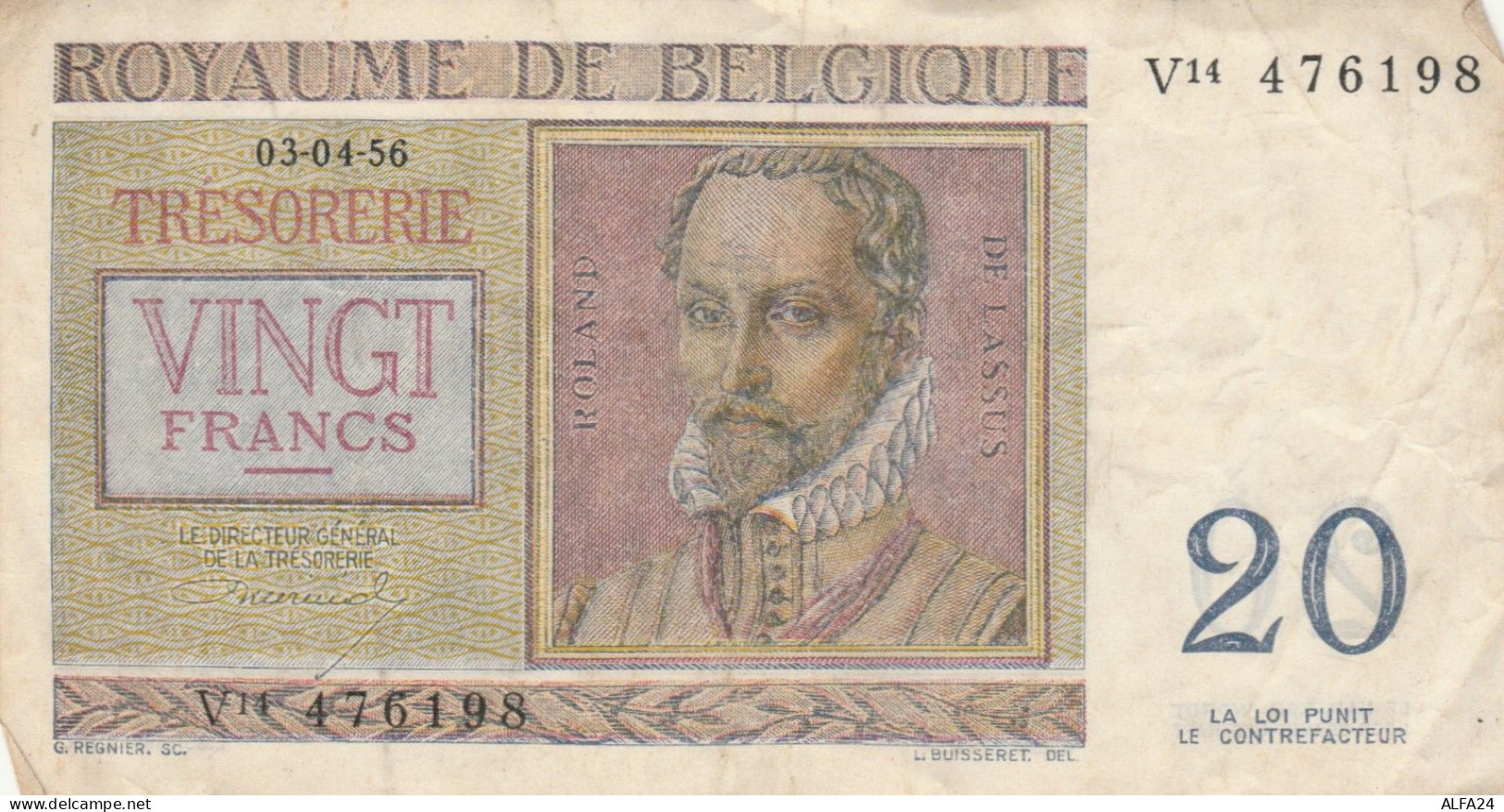 BANCONOTA BELGIO 20 1956  VF (RY1586 - Otros & Sin Clasificación