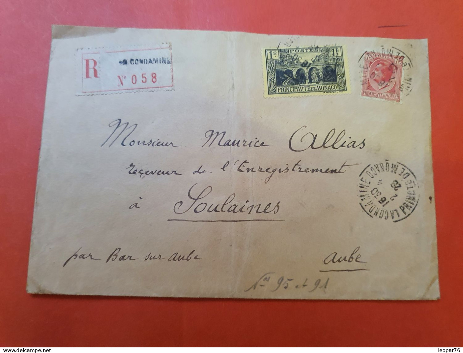 Monaco - Enveloppe En Recommandé Pour Soulaines En 1928 - D 287 - Lettres & Documents