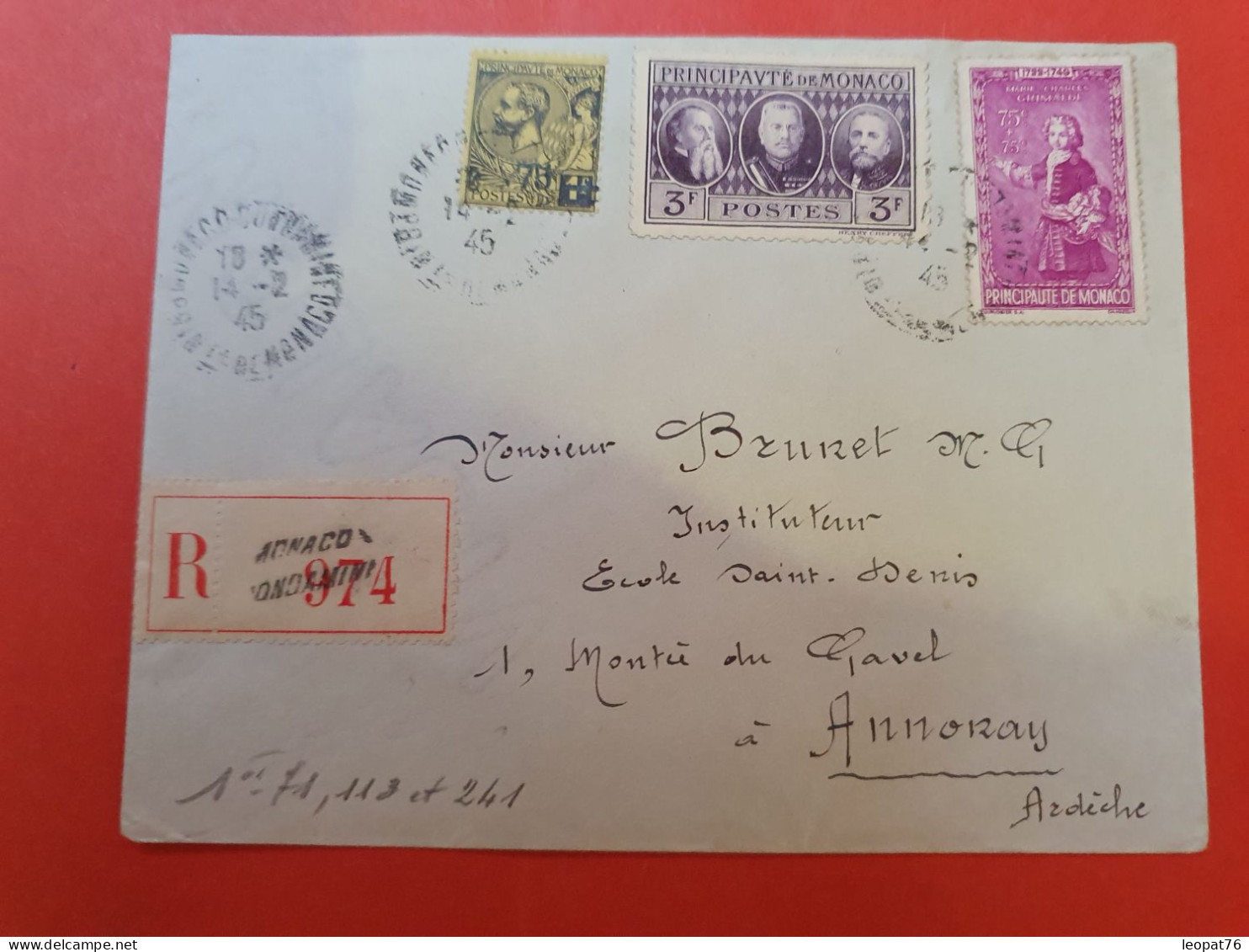 Monaco - Enveloppe En Recommandé Pour Annonay En 1945 - D 288 - Covers & Documents