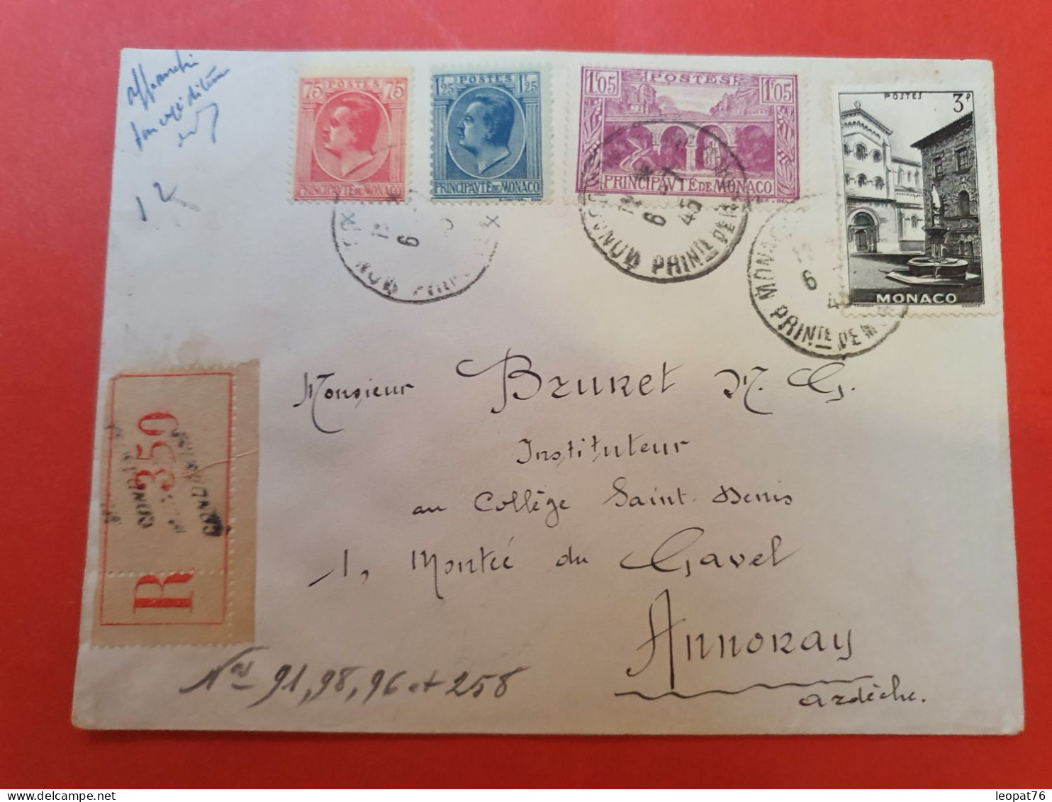 Monaco - Enveloppe En Recommandé Pour Annonay En 1945 - D 289 - Lettres & Documents