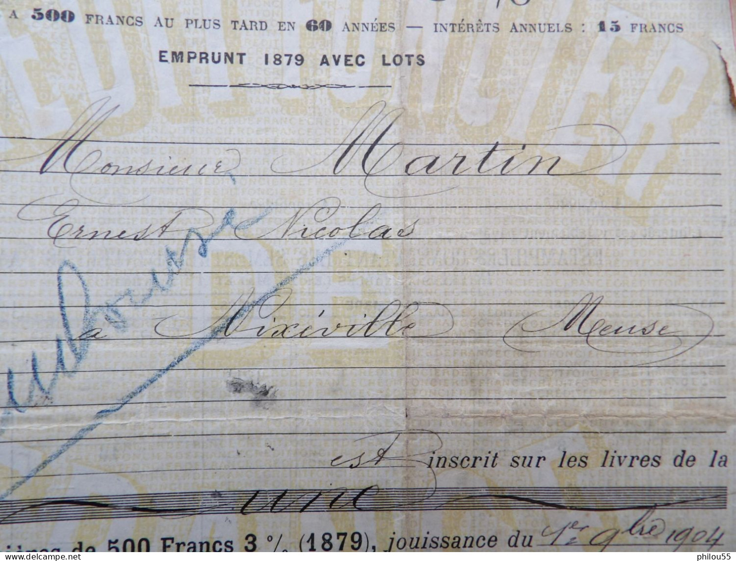 55 NIXEVILLE Obligations Communales CREDIT FONCIER DE FRANCE 3 % 1879 - Banque & Assurance