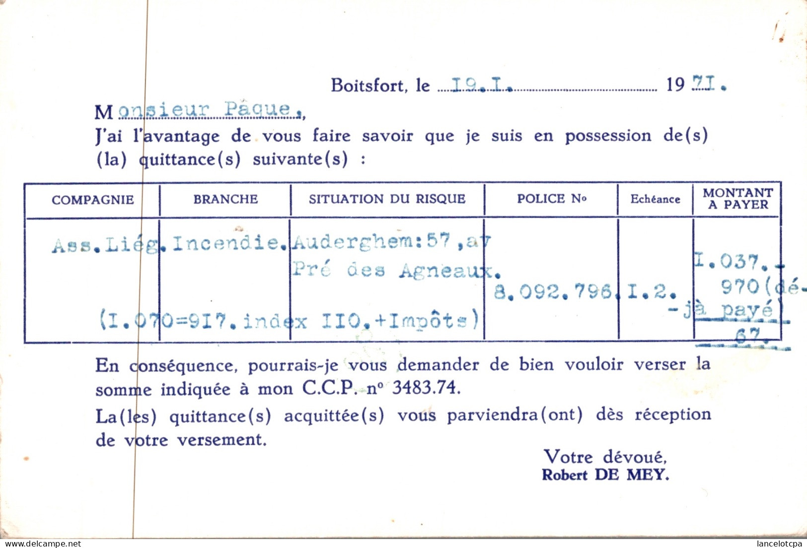 BOITSFORT / ROBERT DE MEY - ASSUREUR CONSEIL - 58 AVENUE DE LA FAUCONNERIE - Watermael-Boitsfort - Watermaal-Bosvoorde