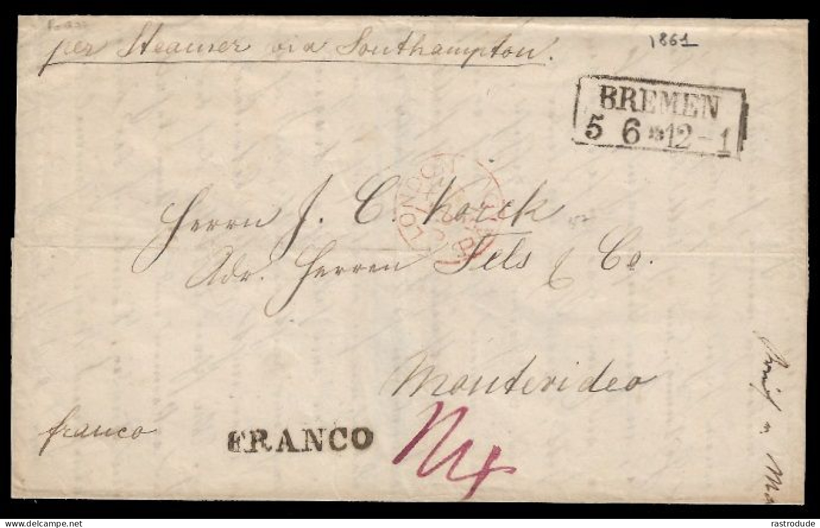 RRR 1861 ENTIRE FROM BREMEN To MONTEVIDEO, URUGUAY - SEHR SELTEN - Bremen