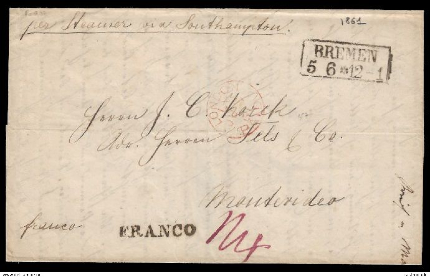 RRR 1861 ENTIRE FROM BREMEN To MONTEVIDEO, URUGUAY - SEHR SELTEN - Brême
