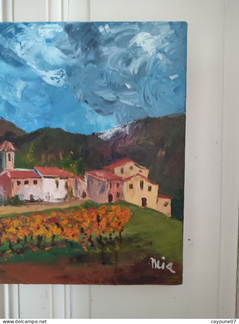 MIA (XXème ) "Village De Montagne Et Vignes"  Huile Sur Toile  école Française 38 X46 Cm - Huiles