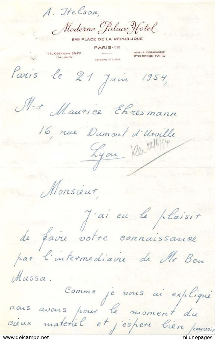 Papier à Lettre En-tête Du Moderne Palace Hotel De Paris Place De La République En 1954 - Sport En Toerisme