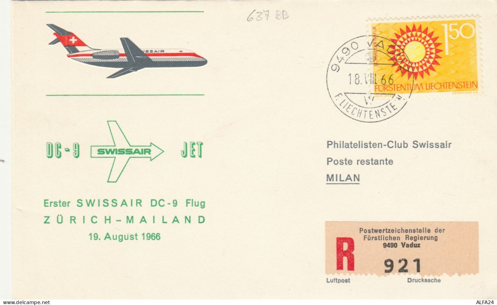 BUSTA LIECHTEDNSTEIN 1966 SWISSAIR ZURICH MAILAND (RY2383 - Brieven En Documenten