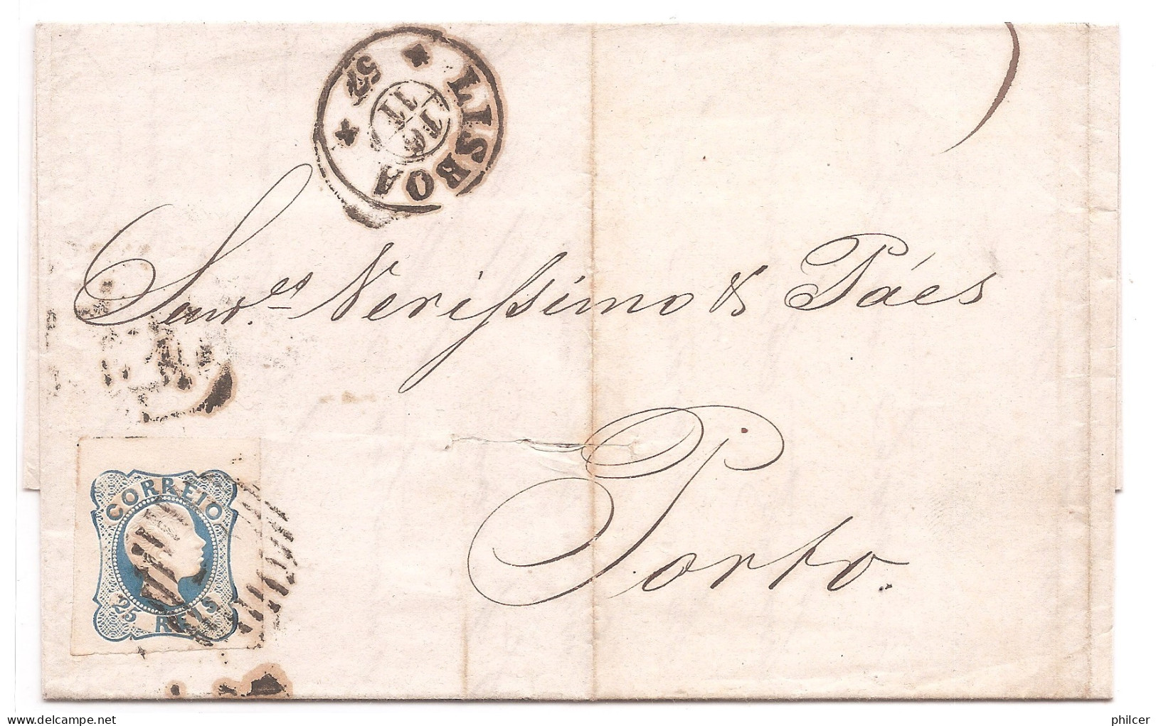 Portugal, 1857, # 12, Lisboa-Porto, Corte Desinfecção - Lettres & Documents