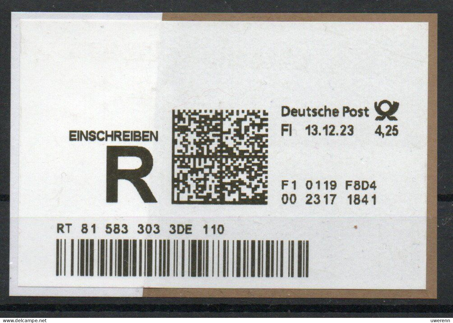 Deutschland 2023. Einschreibmarke FI (Schalterfreimachung) 4,25 € Gebraucht - R- & V- Labels