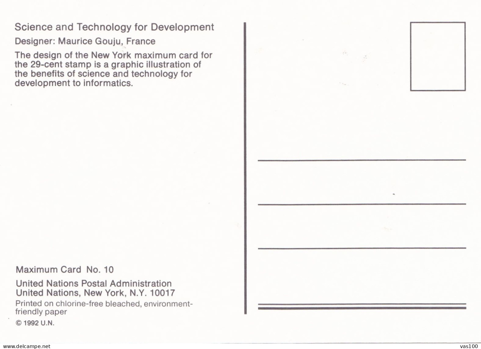 SCIENCE AND TECHNOLOGY FOR DEVELOPMENT  MAXIMUM CARD UNITED NATIONS NEW YORK 1992 U.N. - Informatique