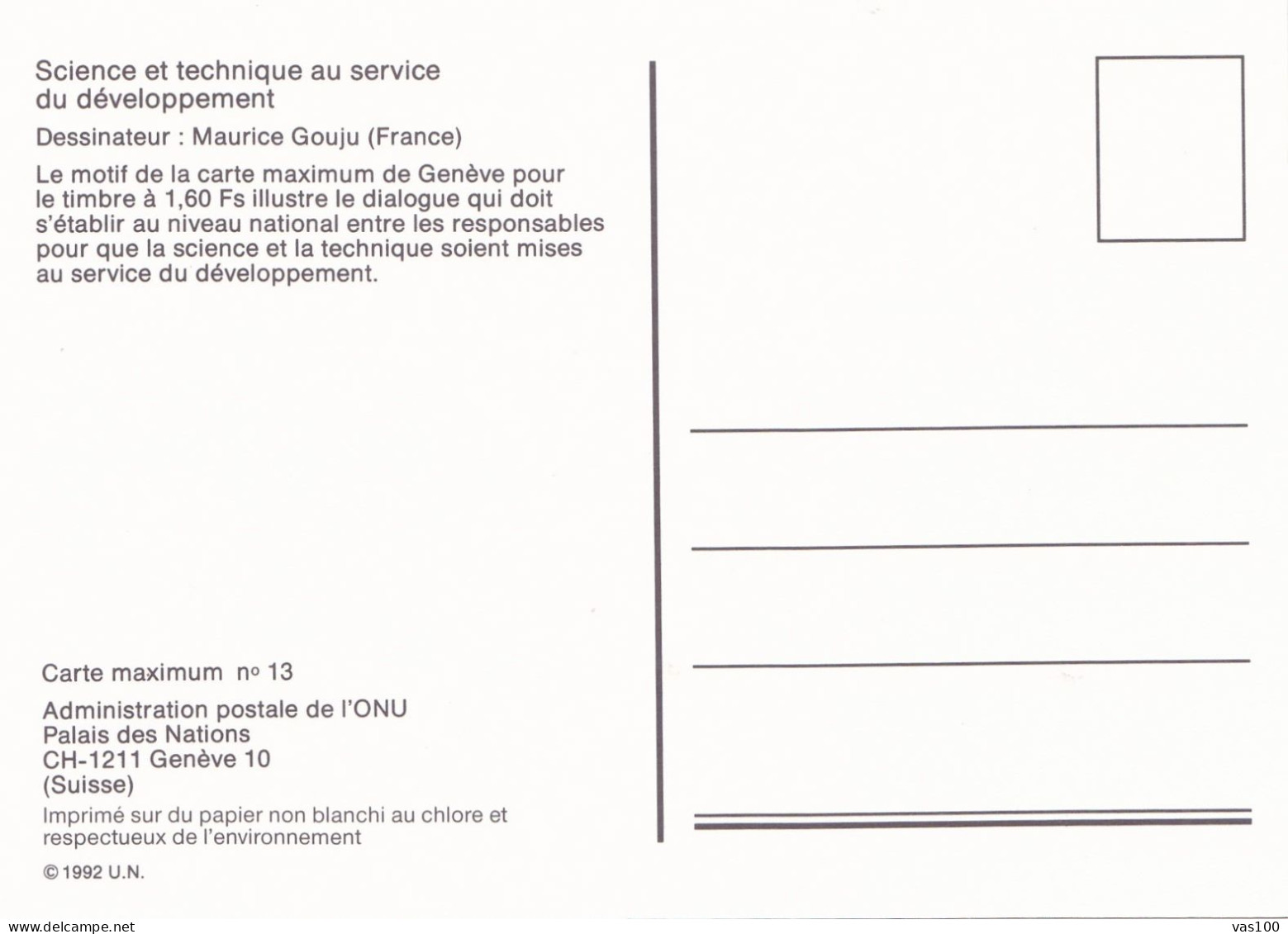 SCIENCE AND TECHNOLOGY FOR DEVELOPMENT  MAXIMUM CARD UNITED NATIONS SUISSE GENEVE 1992 U.N. - Computers