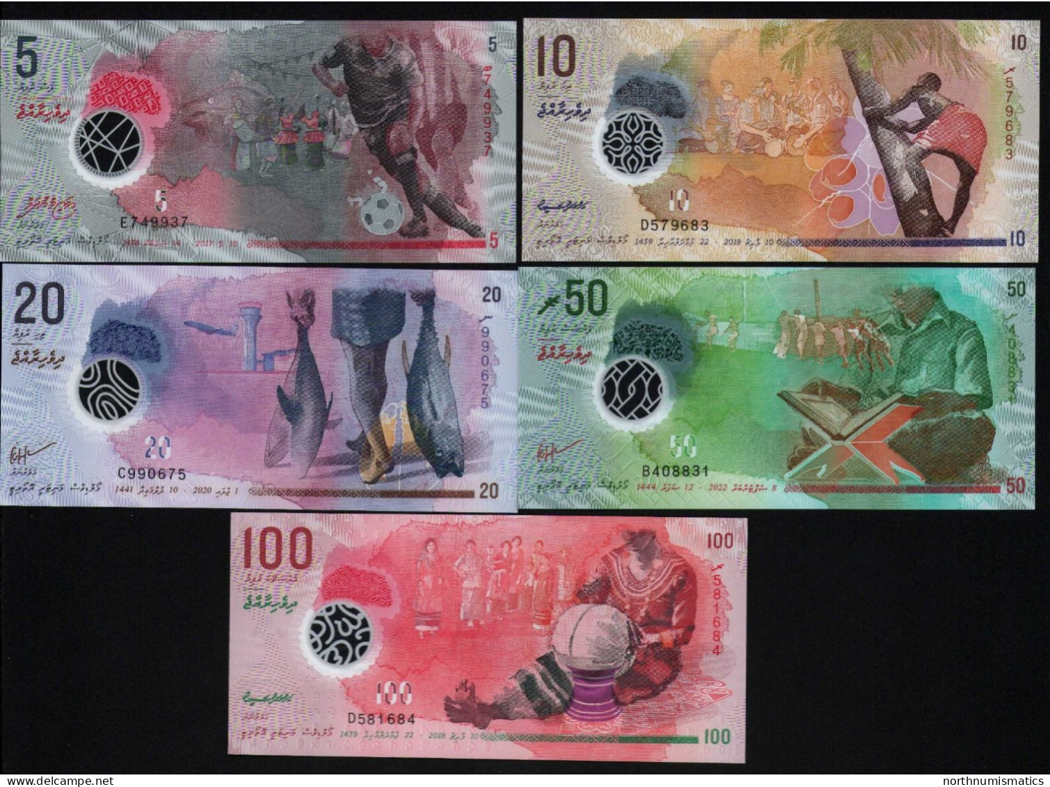 5 Pcs Set Maldives 5-10-20-50-100 Rufiyaa 2017-2018-2020-2022-2018 Polymer Unc - Maldives