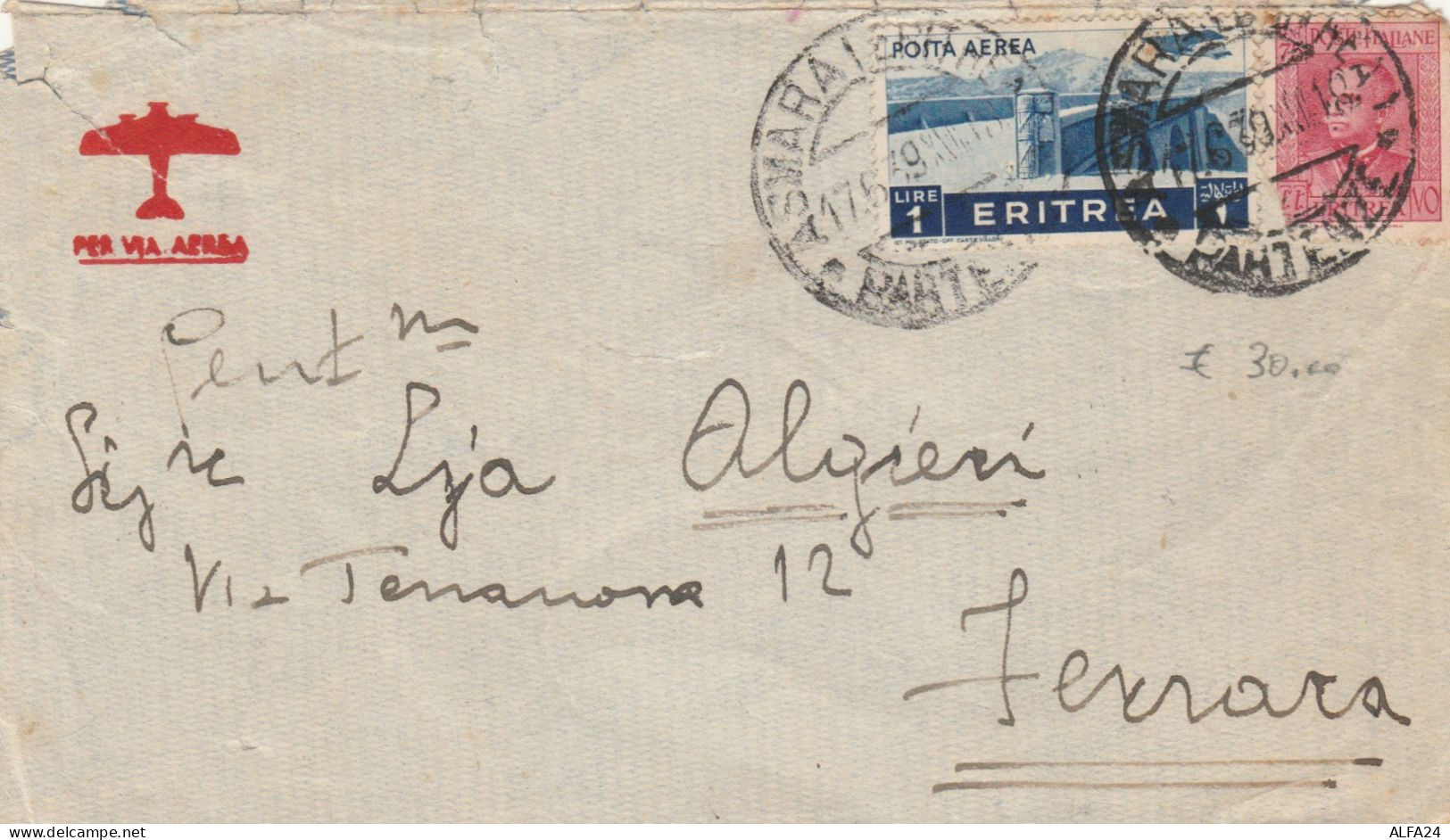 LETTERA 1939 ERITREA L.1+1 TIMBRO ASMARA  Cattivo Stato (RY3851 - Eritrée