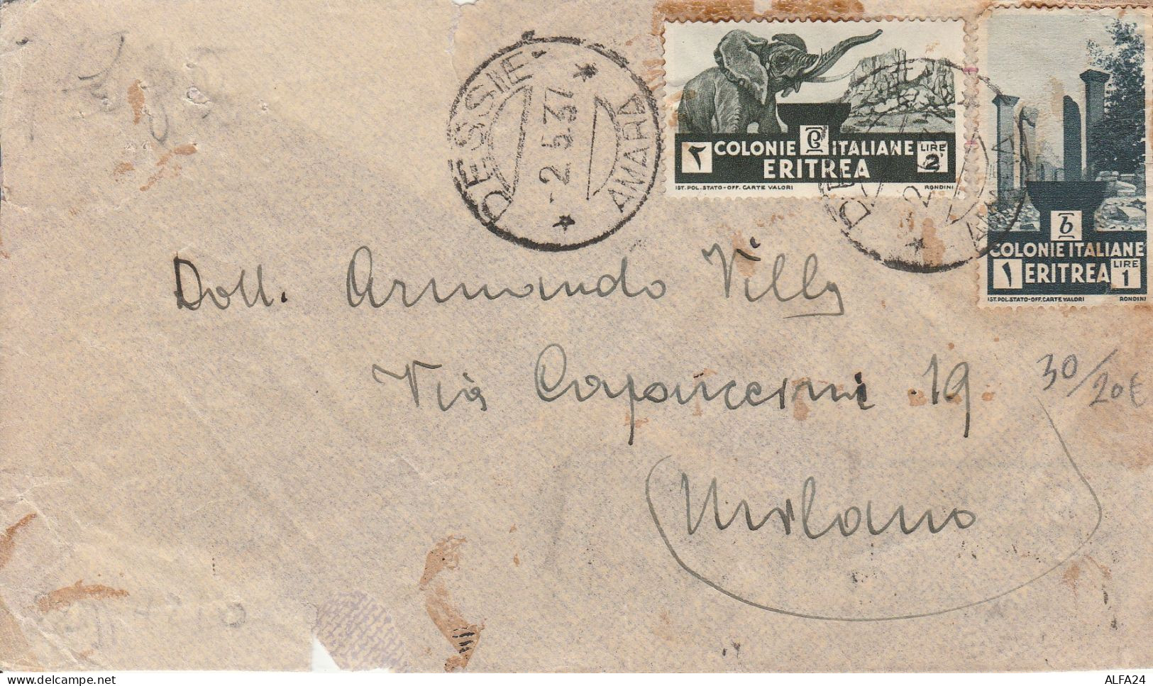 LETTERA 1937 ERITREA 2+1 L. TIMBRO DESSIE AMARA Cattivo Stato (RY4667 - Eritrée