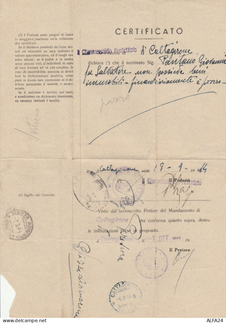 CERTIFICATO 1944  TIMBRO CALTAGIRONE PIAZZA ARMMERINA ENNA (RY4621 - Occ. Anglo-américaine: Sicile