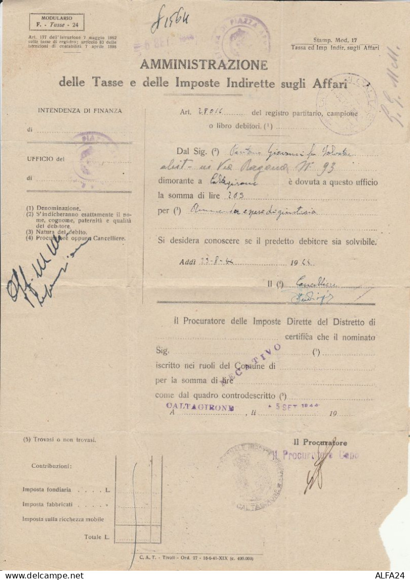 CERTIFICATO 1944  TIMBRO CALTAGIRONE PIAZZA ARMMERINA ENNA (RY4621 - Occ. Anglo-américaine: Sicile