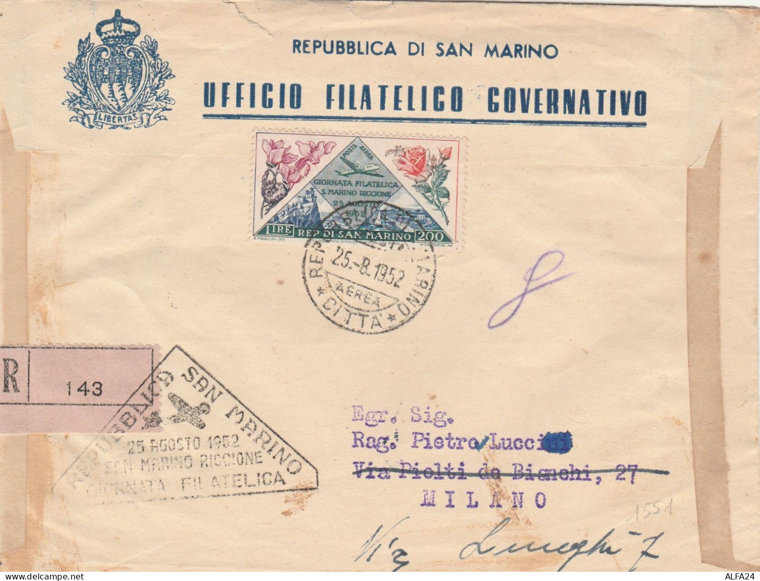 RACCOMANDATA SANMARINO 1952 L.200 PA  (RY4634 - Brieven En Documenten