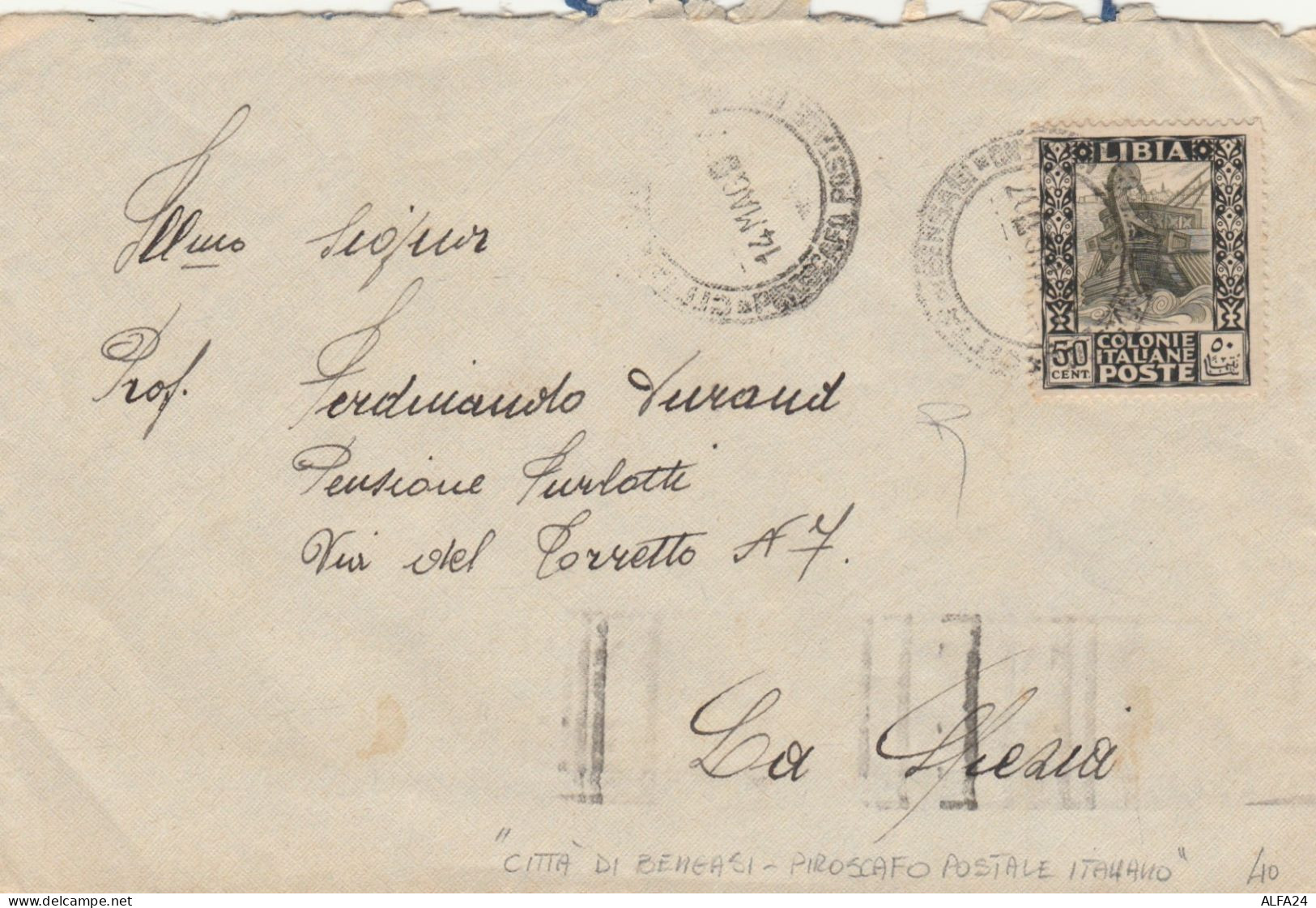 LETTERA 1937 LIBIA C.50 TIMBRO PIROSCAFO POSTALE ITALIANO ARRIVO LA SPEZIA (RY4309 - Libië