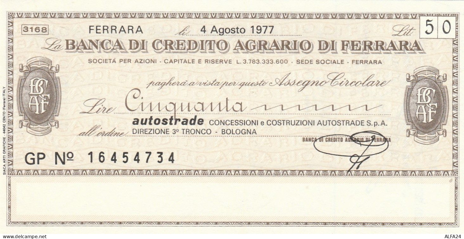 MINIASSEGNO BANCA CREDITO FERRARA 500 AUTOSTRADE -FDS (RY5090 - [10] Assegni E Miniassegni