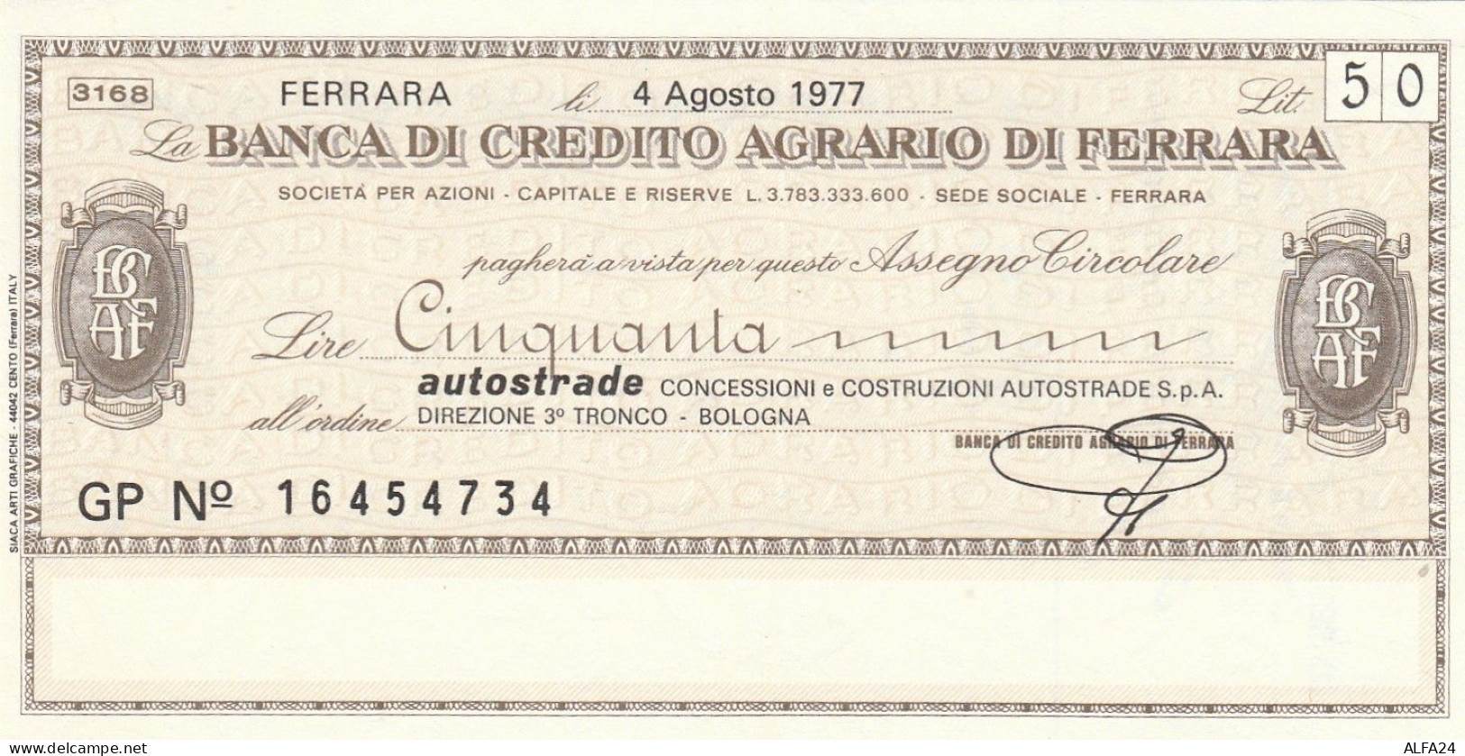 MINIASSEGNO BANCA CREDITO FERRARA 500 AUTOSTRADE -FDS (RY5090 - [10] Cheques Y Mini-cheques