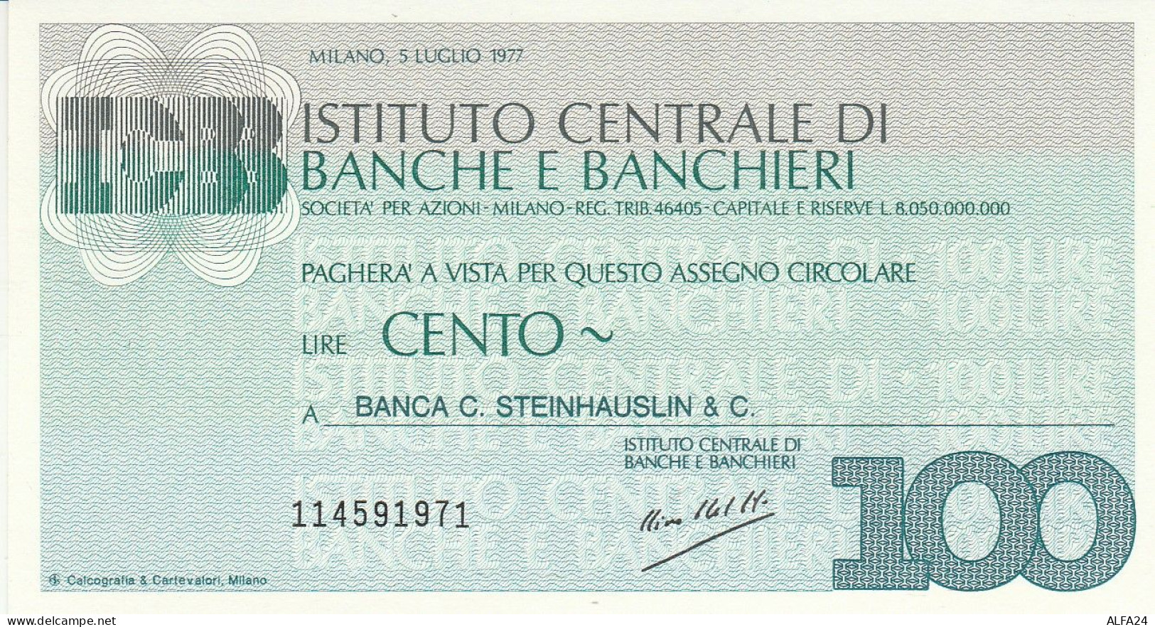 MINIASSEGNO ICBB 100 B.STEINHAUSLIN -FDS (RY5079 - [10] Cheques Y Mini-cheques