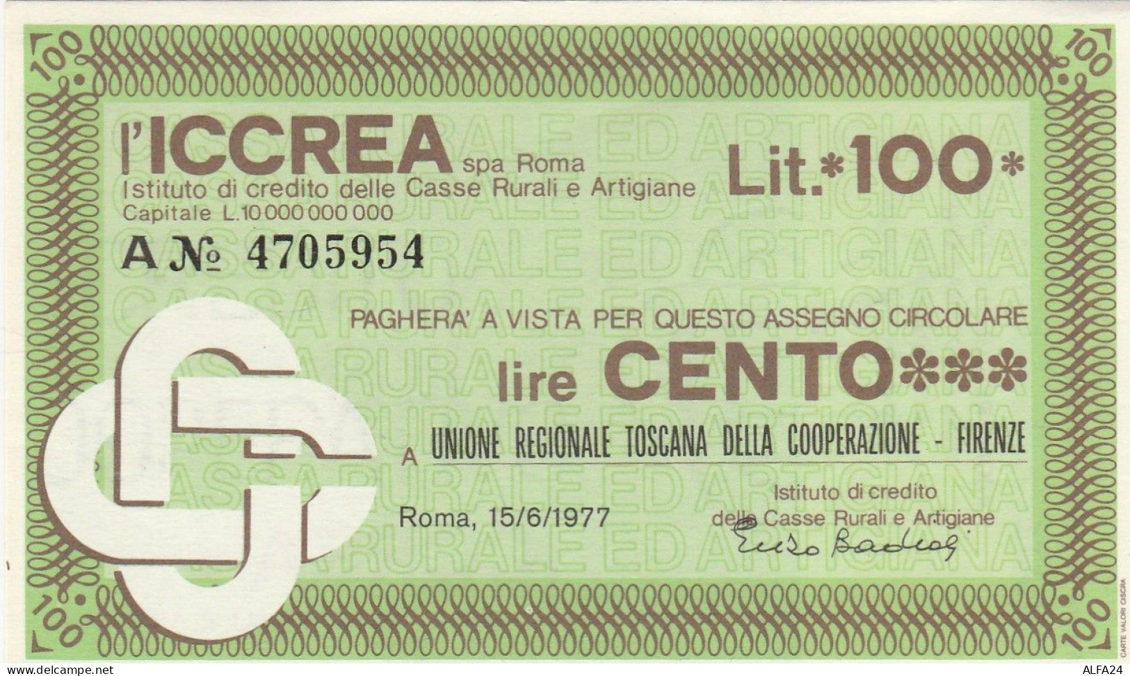 MINIASSEGNO ICCREA 100 UN REG TOSCANA -FDS (RY5076 - [10] Cheques Y Mini-cheques