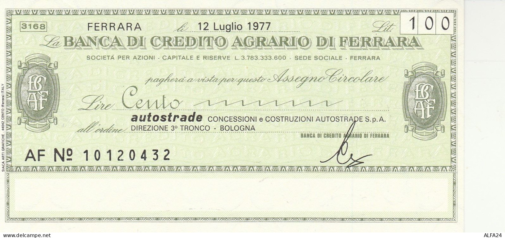 MINIASSEGNO BANCA CREDITO FERRARA 100 AUTOSTRADE -FDS (RY5075 - [10] Assegni E Miniassegni