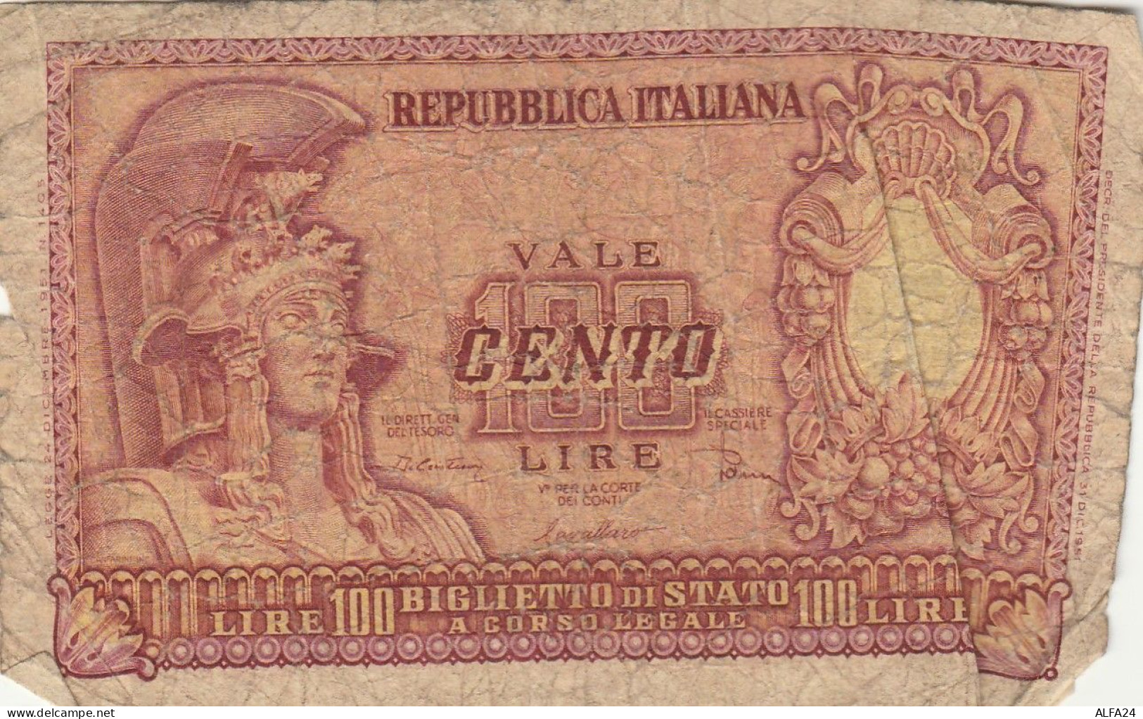 BANCONOTA ITALIA BIGLIETTO DI STATO REPUBBLICA L.100 F (RY5045 - 100 Liras