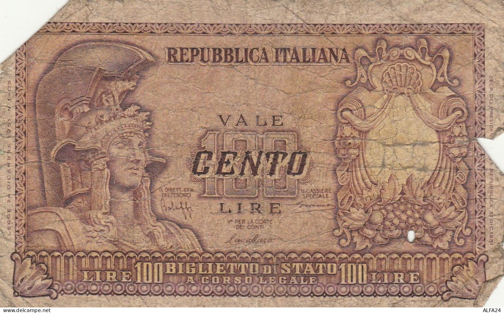 BANCONOTA ITALIA BIGLIETTO DI STATO REPUBBLICA L.100 F (RY5040 - 100 Lire
