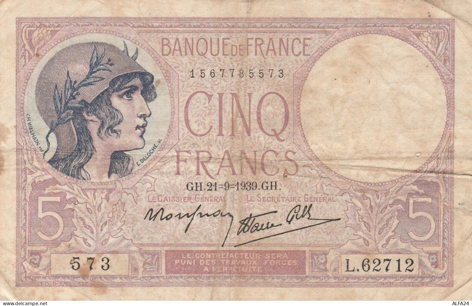 BANCONOTA FRANCIA 5 1939 VF (RY4942 - 5 F 1917-1940 ''Violet''