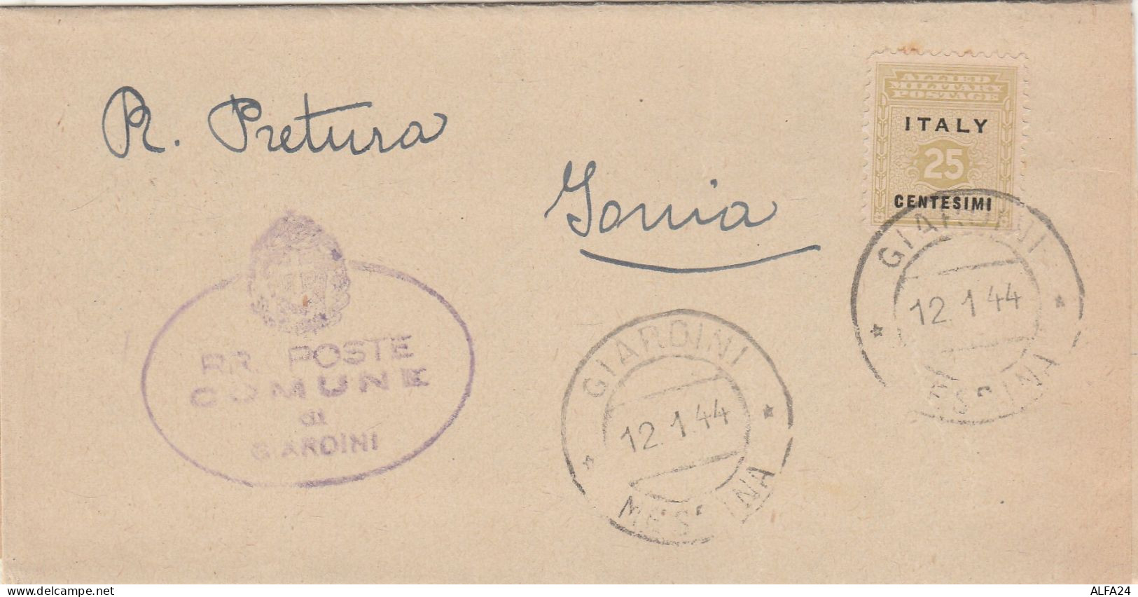 LETTERA 1944 C.25 ALLIED MILITARY POSTAGE TIMBRO GIARDINI MESSINA (RY4881 - Anglo-american Occ.: Sicily