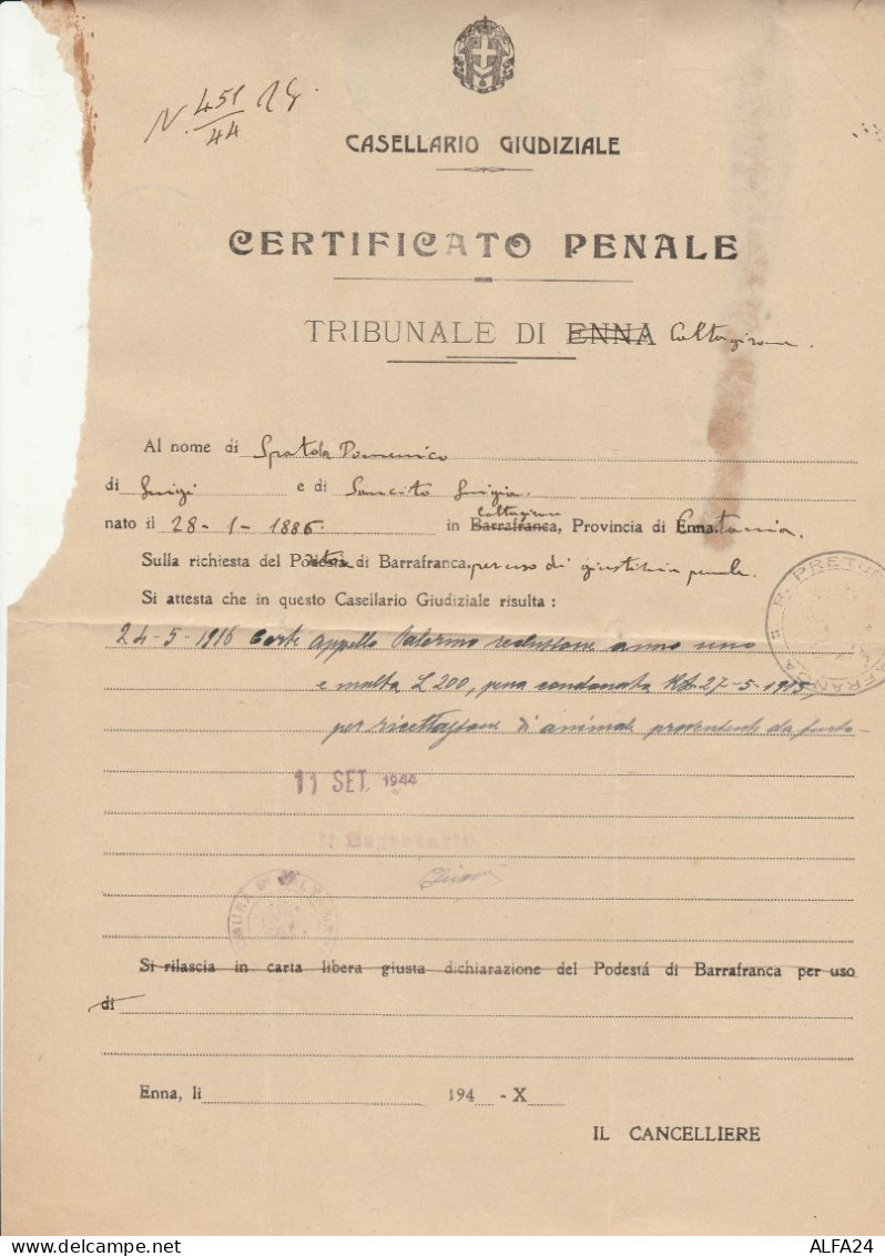 LETTERA 1944 TIMBRO BARRAFRANCA ENNA CALTAGIRONE CATANIA  (RY4747 - Occ. Anglo-américaine: Sicile