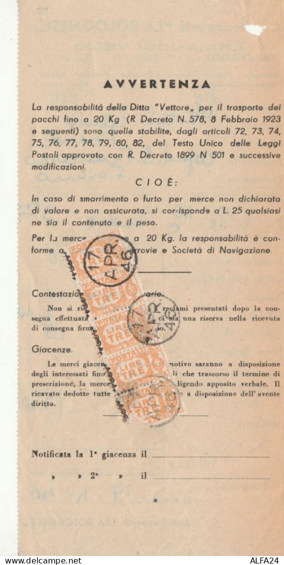 BOLLETTINO TRASPORTI CON PACCHI LUOGOTENENZA 4X3 1946 (RY4028 - Colis-postaux