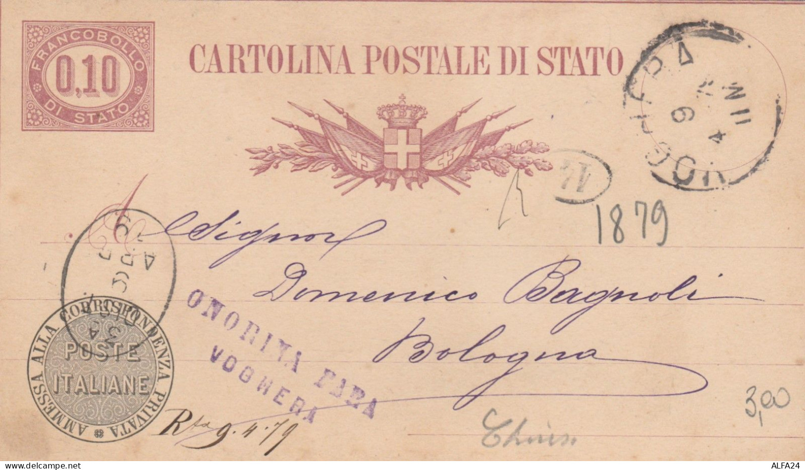 INTERO POSTALE 1879 C.10 DI STATO TIMBRO VOGHERA (RY4021 - Stamped Stationery