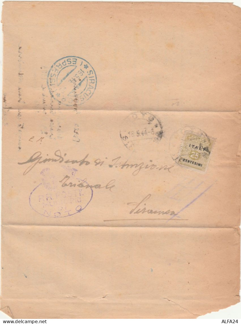LETTERA 1944 C.25 ALLIED MILITARY POSTAGE TIMBRO BLU SIRACUSA (RY3871 - Occ. Anglo-américaine: Sicile
