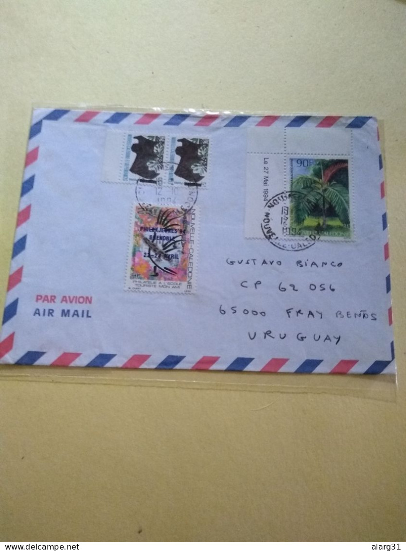 Nouvelle Caledonia To Uruguay.rare Destine.valuable Air Letter With Rare Local Ovpt Pair Yv665.&657&662. E 7/8 Reg Post - Cartas & Documentos