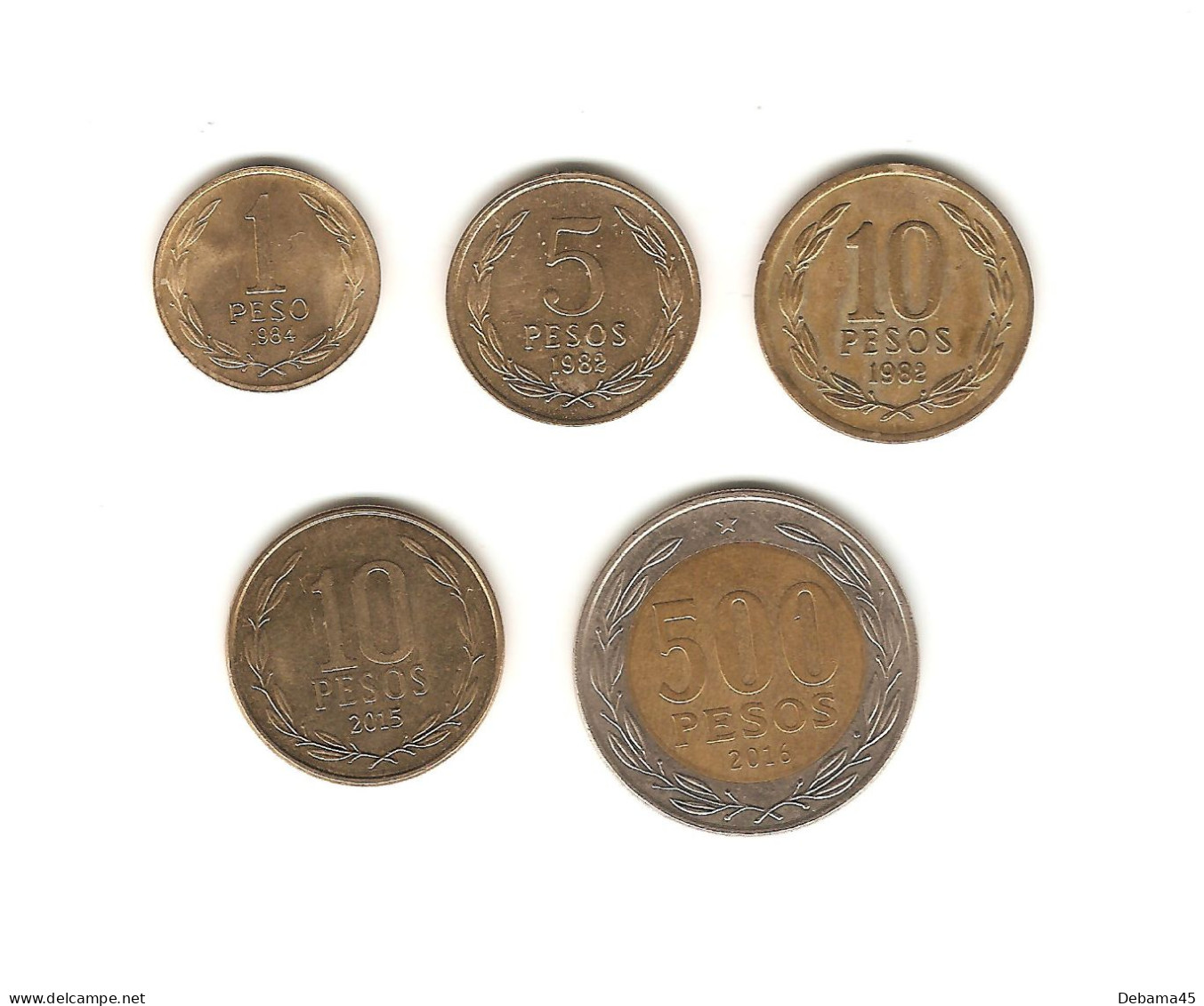 486/ Chili : 1 Peso 1984 - 5 Pesos 1982 - 10 Pesos 1982 Et 2015 - 500 Pesos 2016 - Chili