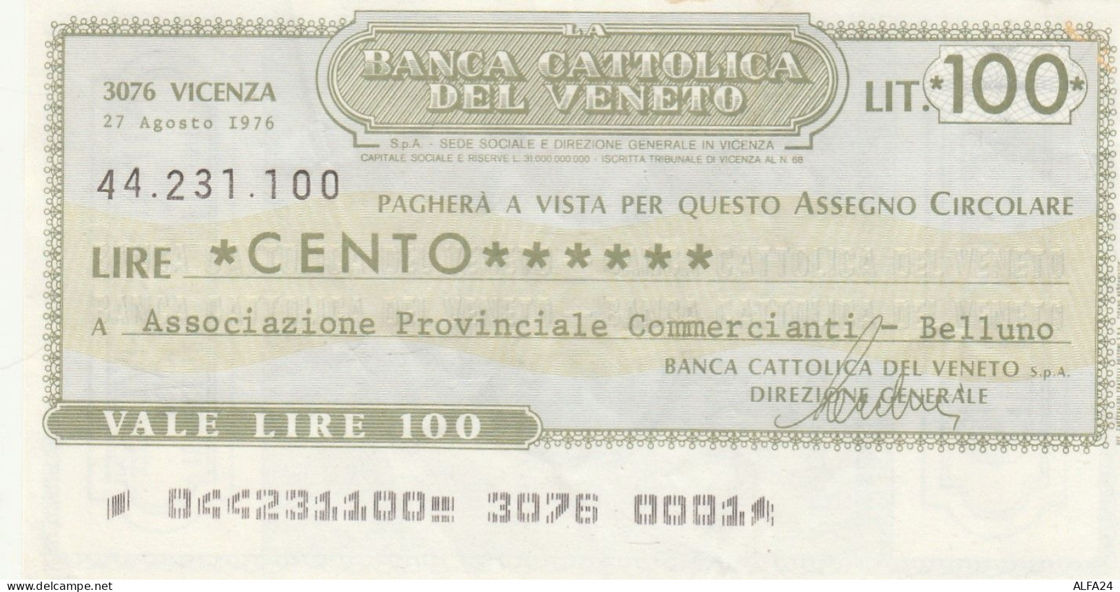 MINIASSEGNO B.CATTOLICA VENETO L.100 ASS COMM BL CIRCOLATO (RY5680 - [10] Checks And Mini-checks