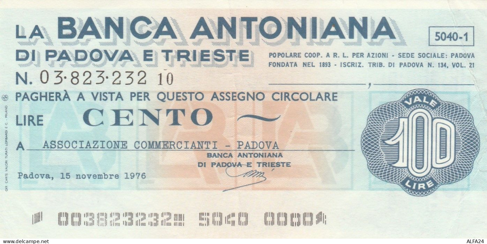 MINIASSEGNO BANCA ANTONIANA L.100 ASS COMM PD CIRCOLATO (RY5678 - [10] Assegni E Miniassegni