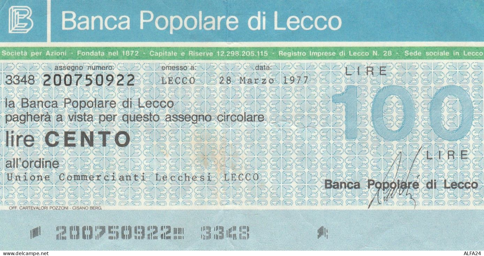 MINIASSEGNO B.POP LECCO L.100 UN COMM LECCO CIRCOLATO (RY5676 - [10] Cheques Y Mini-cheques